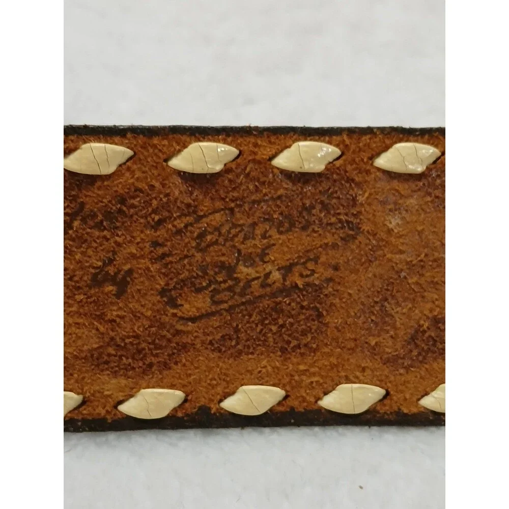 ​Vintage‎ Hand Tooled Brown Leather Belt Floral PAUL Embossed Weave Edge Size 34